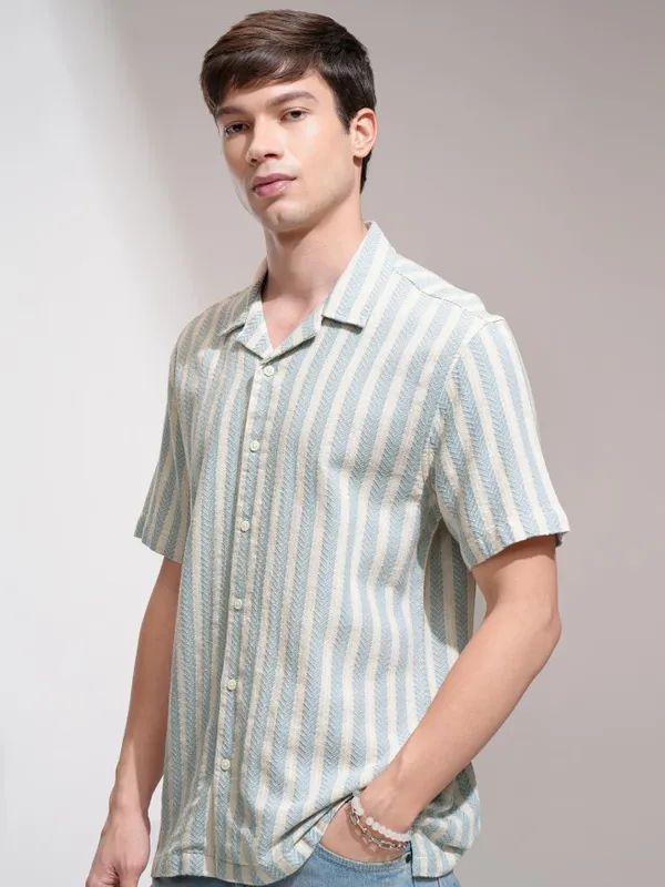 Highlander Men Beige Striped Relaxed Fit Casual Shirt