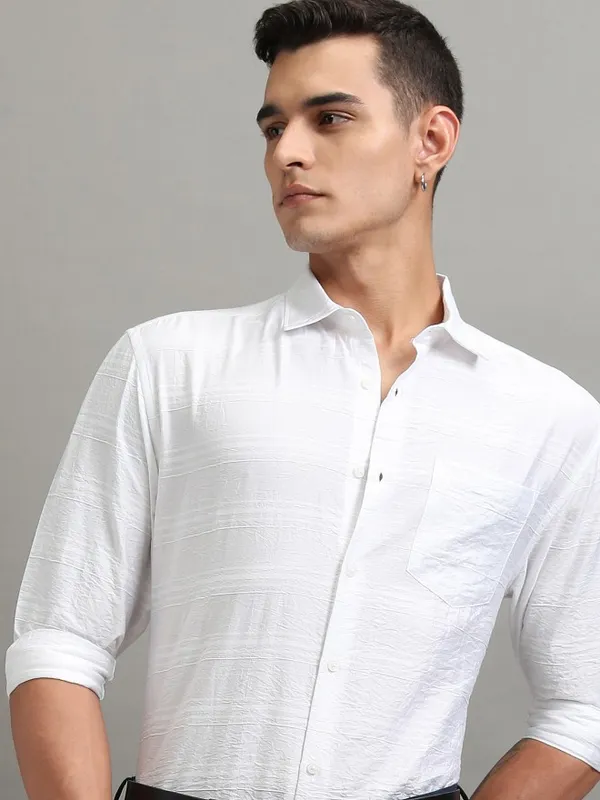Highlander Men White Striped Relaxed Fit Casual Shirt
