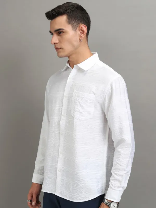 Highlander Men White Striped Relaxed Fit Casual Shirt