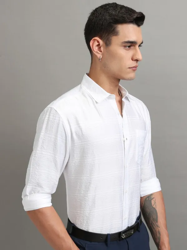 Highlander Men White Striped Relaxed Fit Casual Shirt