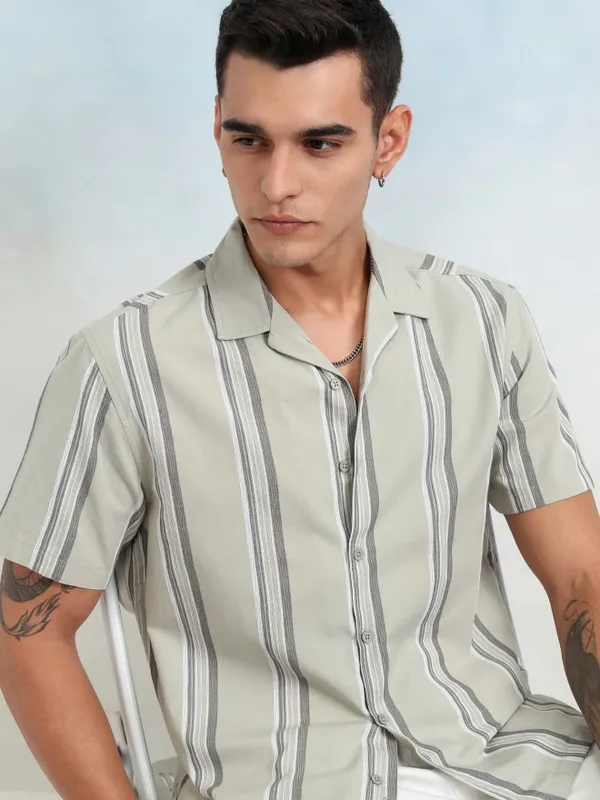 Highlander Men Olive Striped Relaxed Fit Casual Shirt