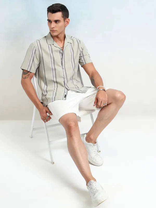 Highlander Men Olive Striped Relaxed Fit Casual Shirt