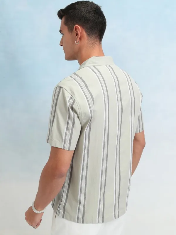 Highlander Men Olive Striped Relaxed Fit Casual Shirt