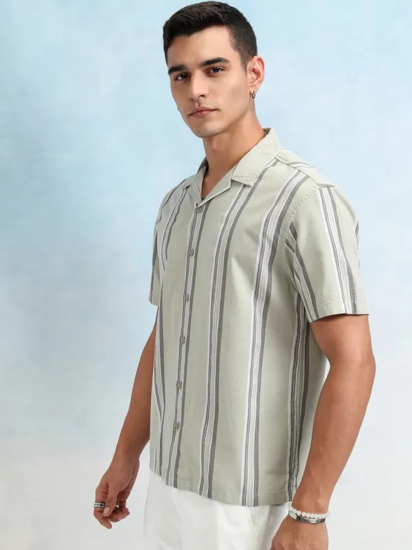 Highlander Men Olive Striped Relaxed Fit Casual Shirt