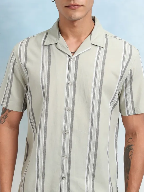 Highlander Men Olive Striped Relaxed Fit Casual Shirt