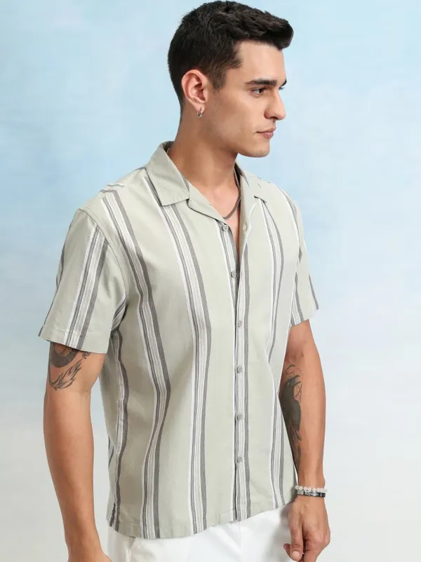 Highlander Men Olive Striped Relaxed Fit Casual Shirt