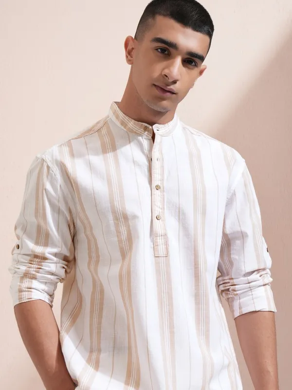 Highlander Men White Striped Relaxed Fit Casual Shirt