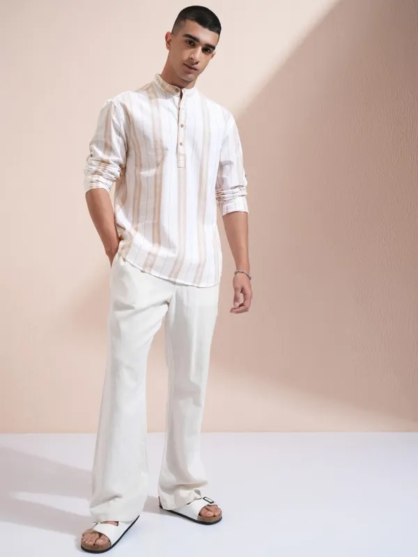 Highlander Men White Striped Relaxed Fit Casual Shirt