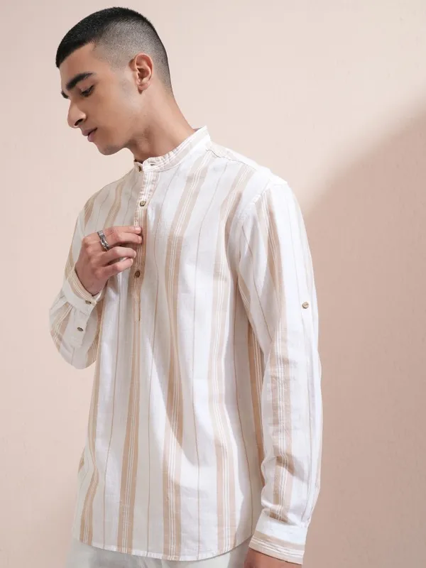Highlander Men White Striped Relaxed Fit Casual Shirt