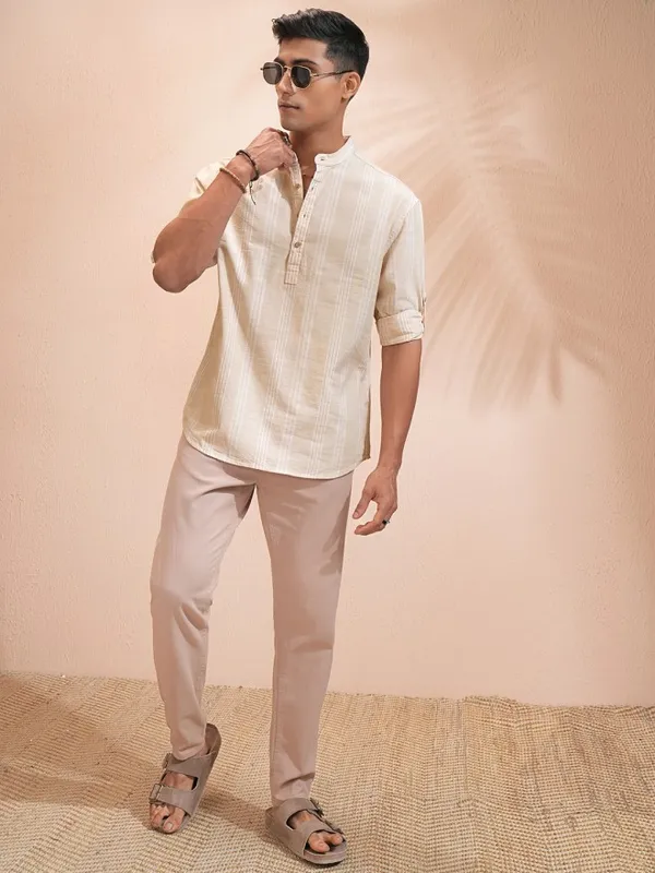 Highlander Men Beige Striped Relaxed Fit Casual Shirt