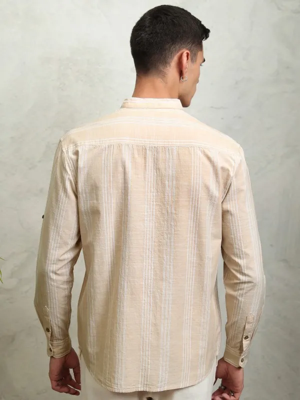 Highlander Men Beige Striped Relaxed Fit Casual Shirt