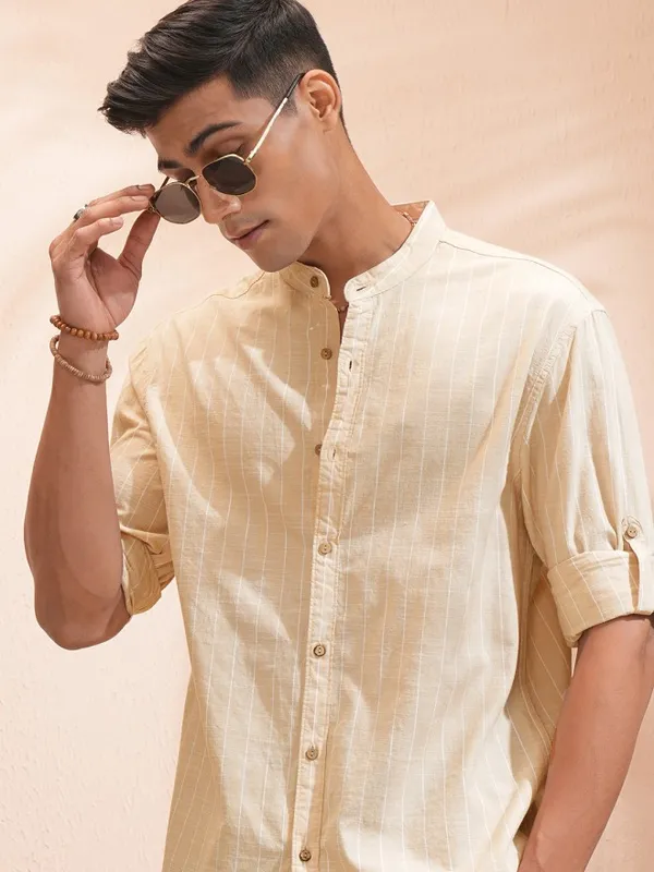 Highlander Men Beige Striped Relaxed Fit Casual Shirt