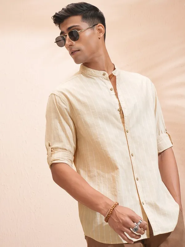 Highlander Men Beige Striped Relaxed Fit Casual Shirt