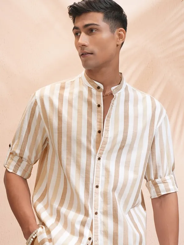 Highlander Men White Striped Relaxed Fit Casual Shirt