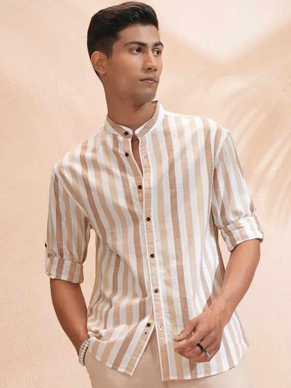 Highlander Men White Striped Relaxed Fit Casual Shirt