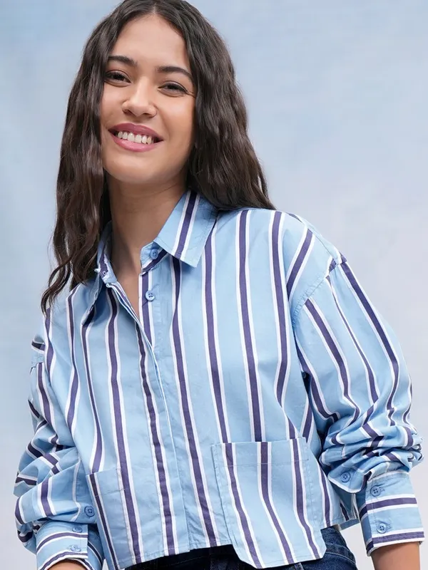 Tokyo Talkies Women Blue Striped Casual Shirt
