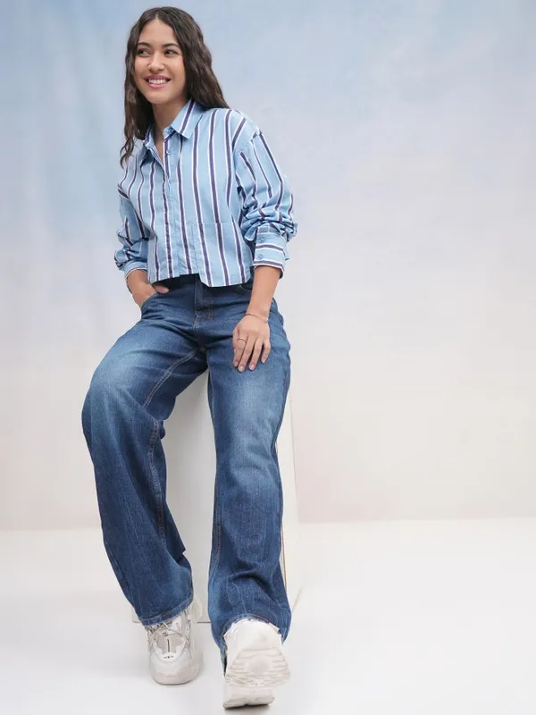 Tokyo Talkies Women Blue Striped Casual Shirt
