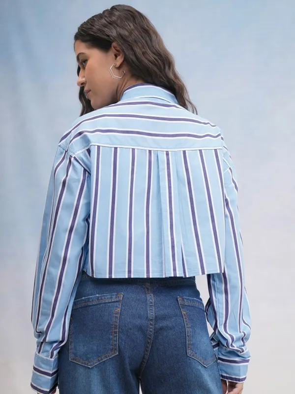 Tokyo Talkies Women Blue Striped Casual Shirt