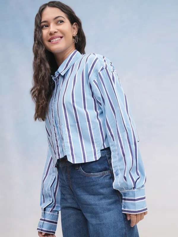 Tokyo Talkies Women Blue Striped Casual Shirt