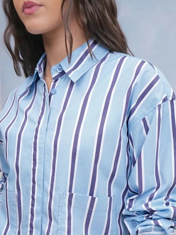 Tokyo Talkies Women Blue Striped Casual Shirt