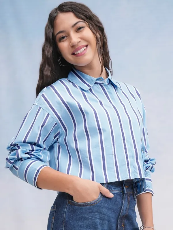 Tokyo Talkies Women Blue Striped Casual Shirt