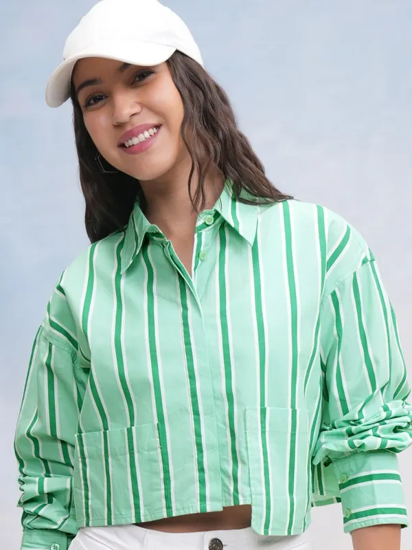 Tokyo Talkies Women Green Striped Casual Shirt
