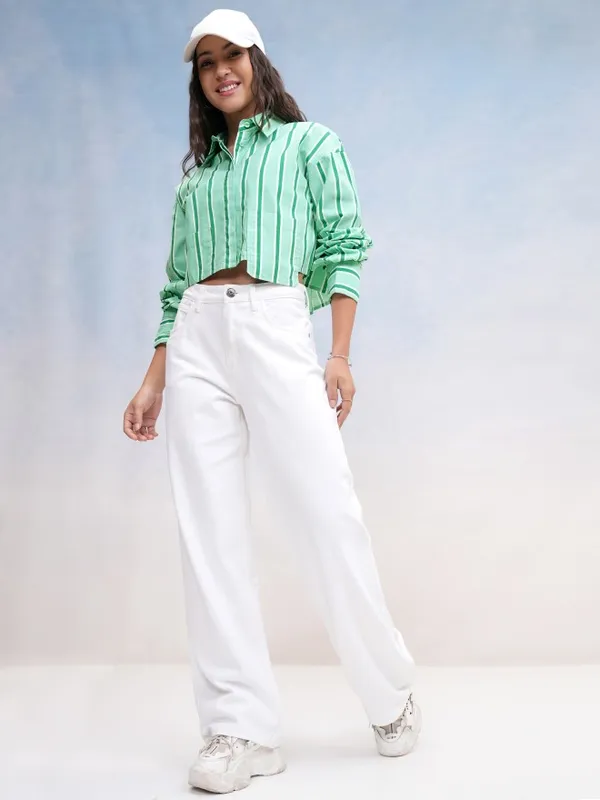 Tokyo Talkies Women Green Striped Casual Shirt