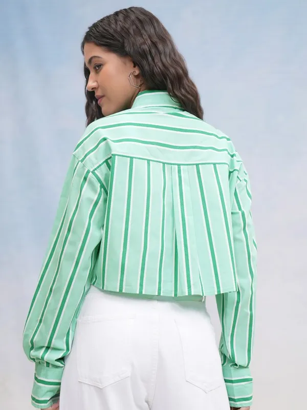 Tokyo Talkies Women Green Striped Casual Shirt