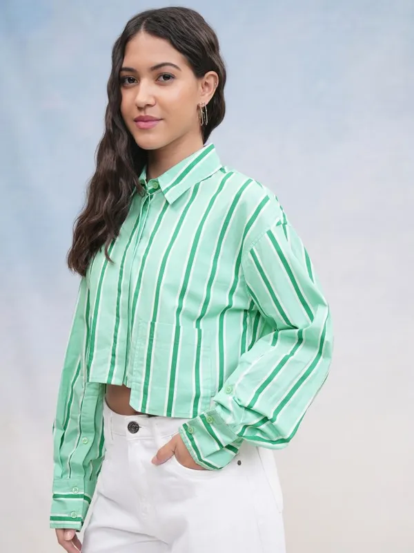 Tokyo Talkies Women Green Striped Casual Shirt