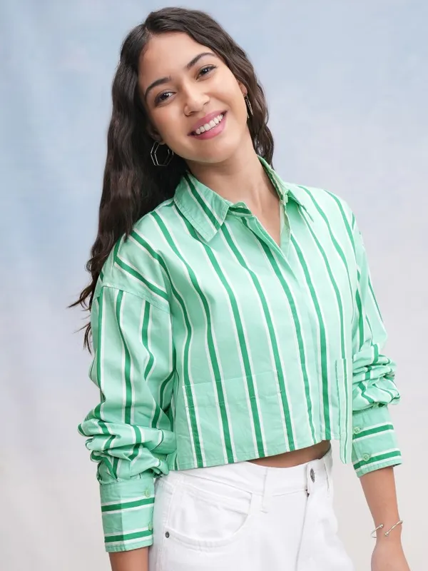 Tokyo Talkies Women Green Striped Casual Shirt
