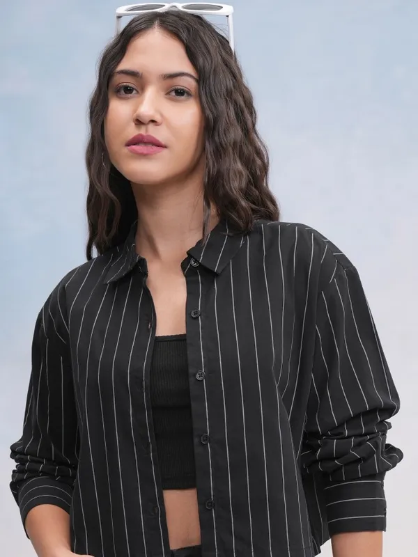 Tokyo Talkies Women Black Striped Casual Shirt