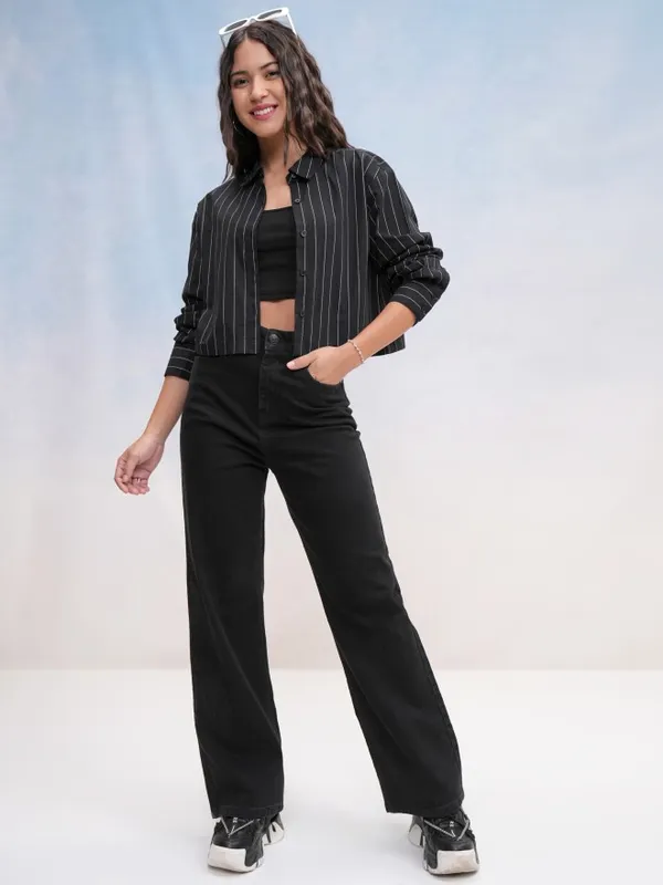 Tokyo Talkies Women Black Striped Casual Shirt
