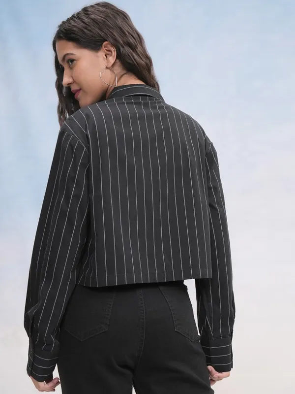 Tokyo Talkies Women Black Striped Casual Shirt
