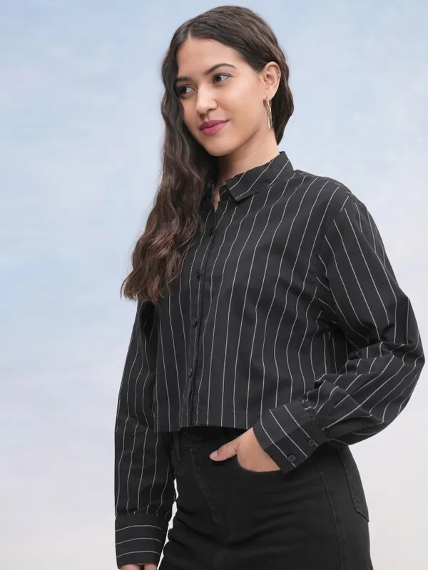 Tokyo Talkies Women Black Striped Casual Shirt