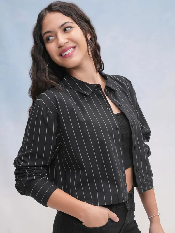Tokyo Talkies Women Black Striped Casual Shirt