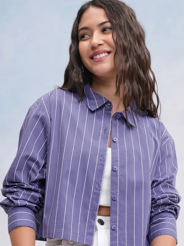 Tokyo Talkies Women Blue Striped Casual Shirt