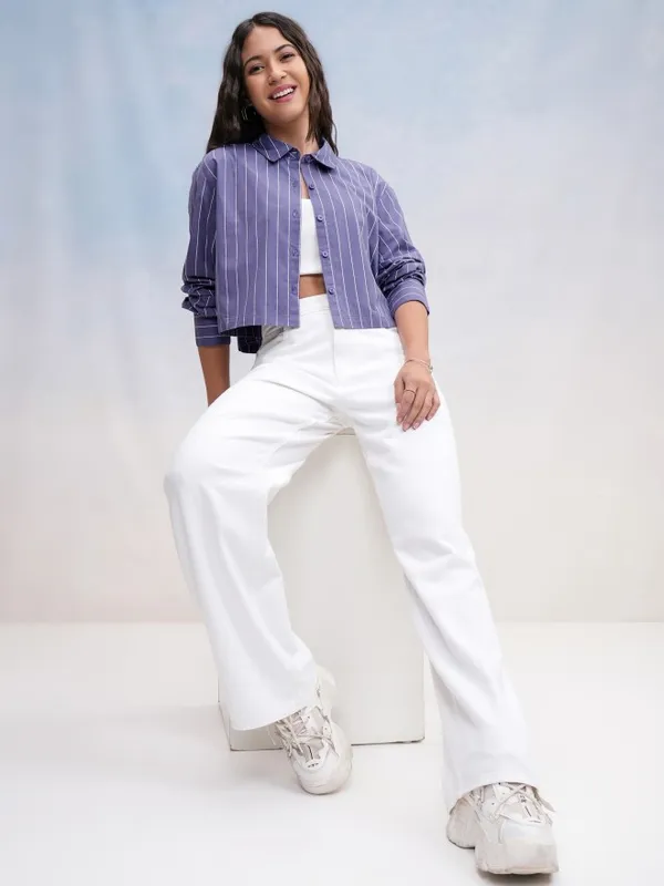Tokyo Talkies Women Blue Striped Casual Shirt