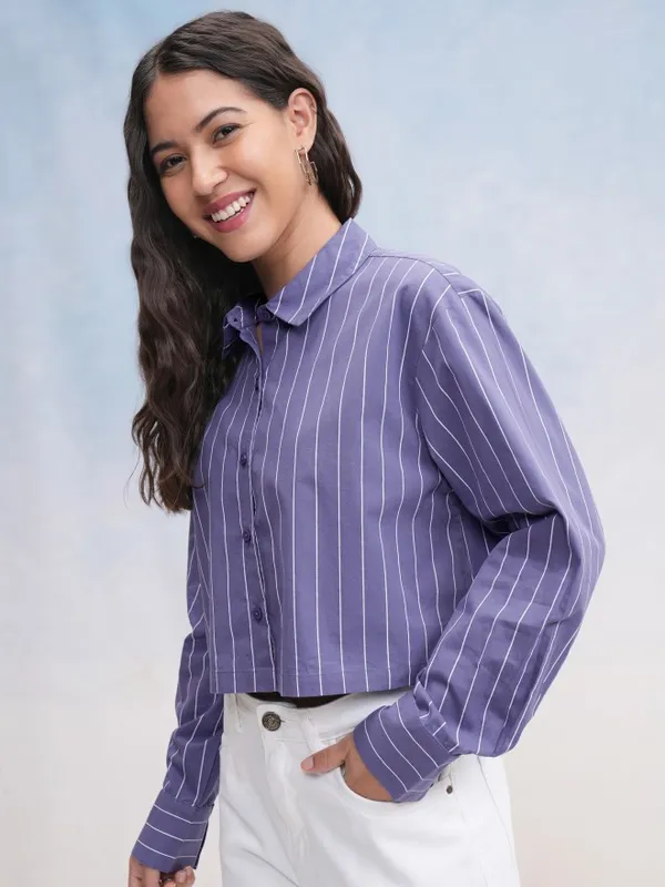 Tokyo Talkies Women Blue Striped Casual Shirt