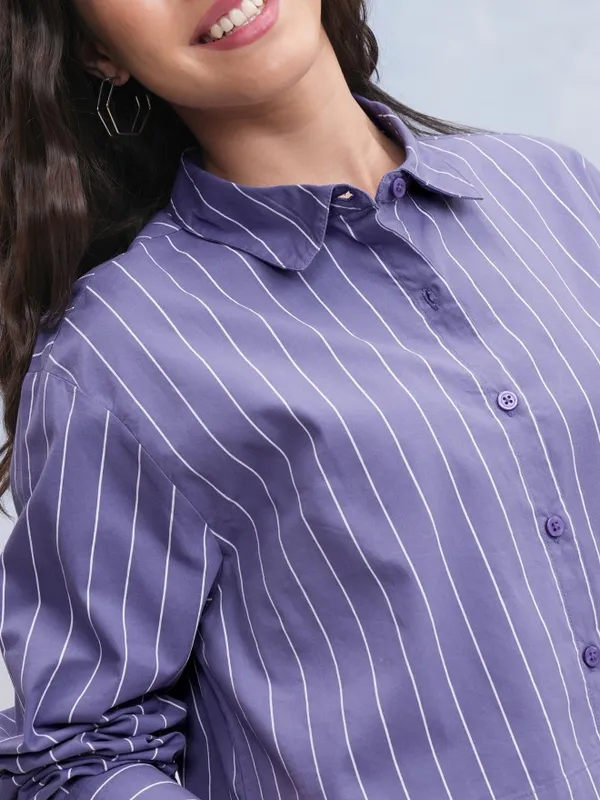 Tokyo Talkies Women Blue Striped Casual Shirt