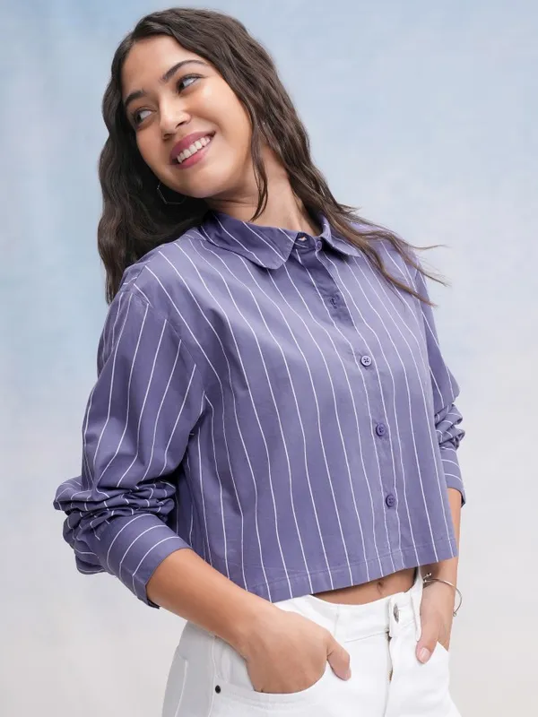 Tokyo Talkies Women Blue Striped Casual Shirt