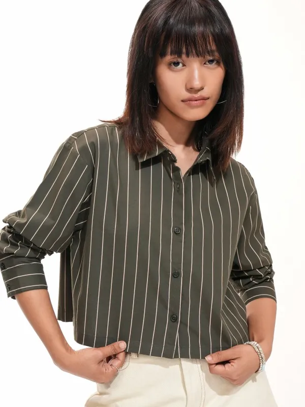  Tokyo Talkies Women Olive Striped Casual Shirts