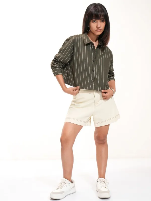  Tokyo Talkies Women Olive Striped Casual Shirts
