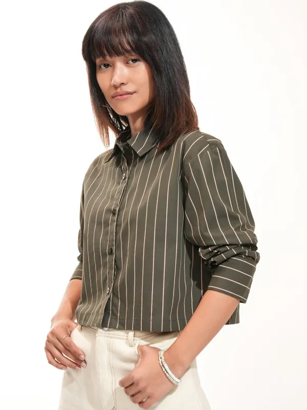  Tokyo Talkies Women Olive Striped Casual Shirts