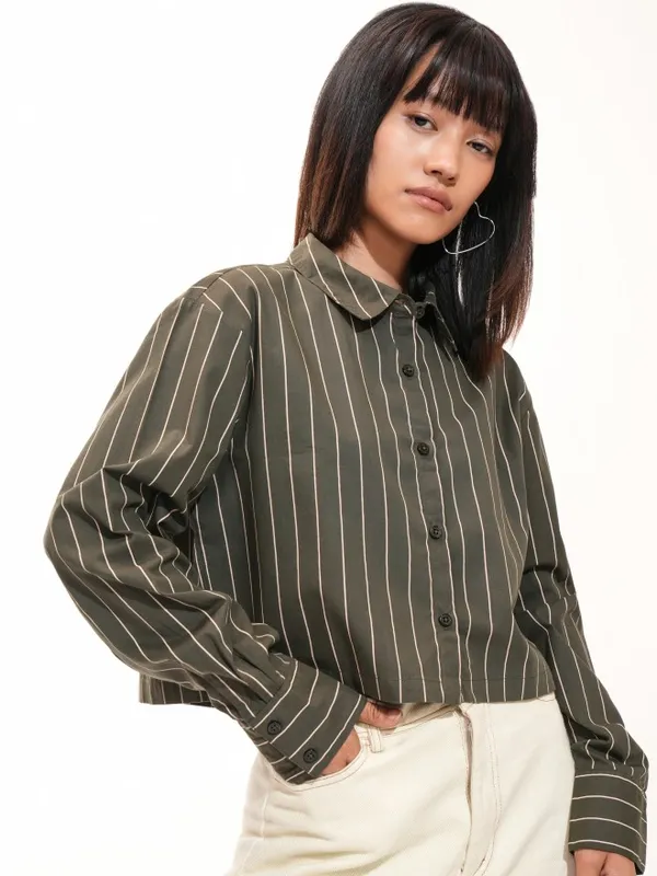  Tokyo Talkies Women Olive Striped Casual Shirts