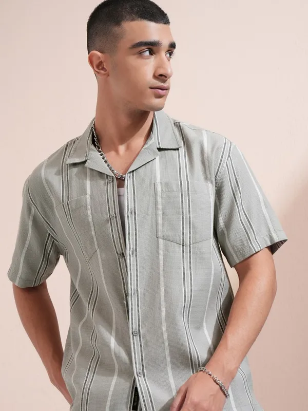 Highlander Men Grey Striped Relaxed Fit Casual Shirt