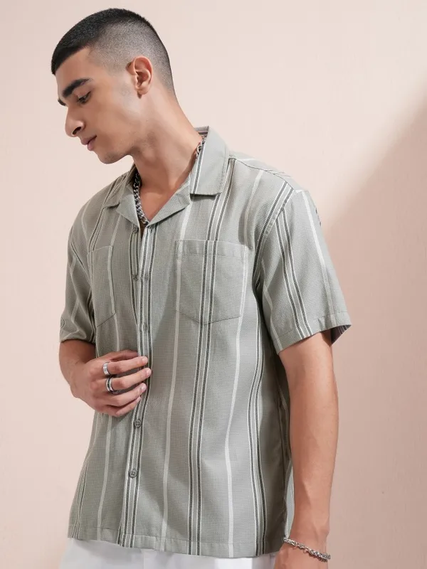 Highlander Men Grey Striped Relaxed Fit Casual Shirt