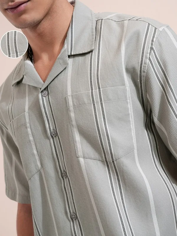 Highlander Men Grey Striped Relaxed Fit Casual Shirt