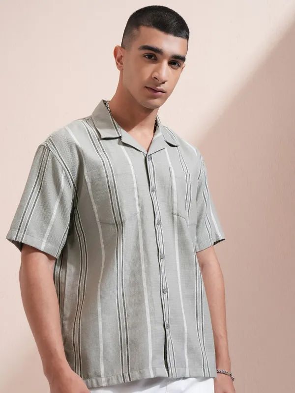 Highlander Men Grey Striped Relaxed Fit Casual Shirt