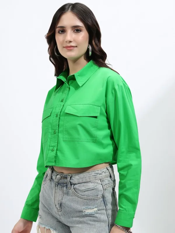 Tokyo Talkies Women Green Solid Regular Fit Casual Shirt