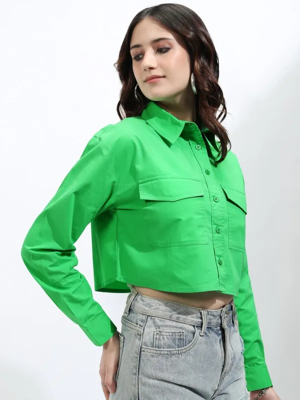 Tokyo Talkies Women Green Solid Regular Fit Casual Shirt